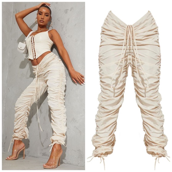 PrettyLittleThing Pants - Cream Ruched Leg Dip Ruched Waist Pants